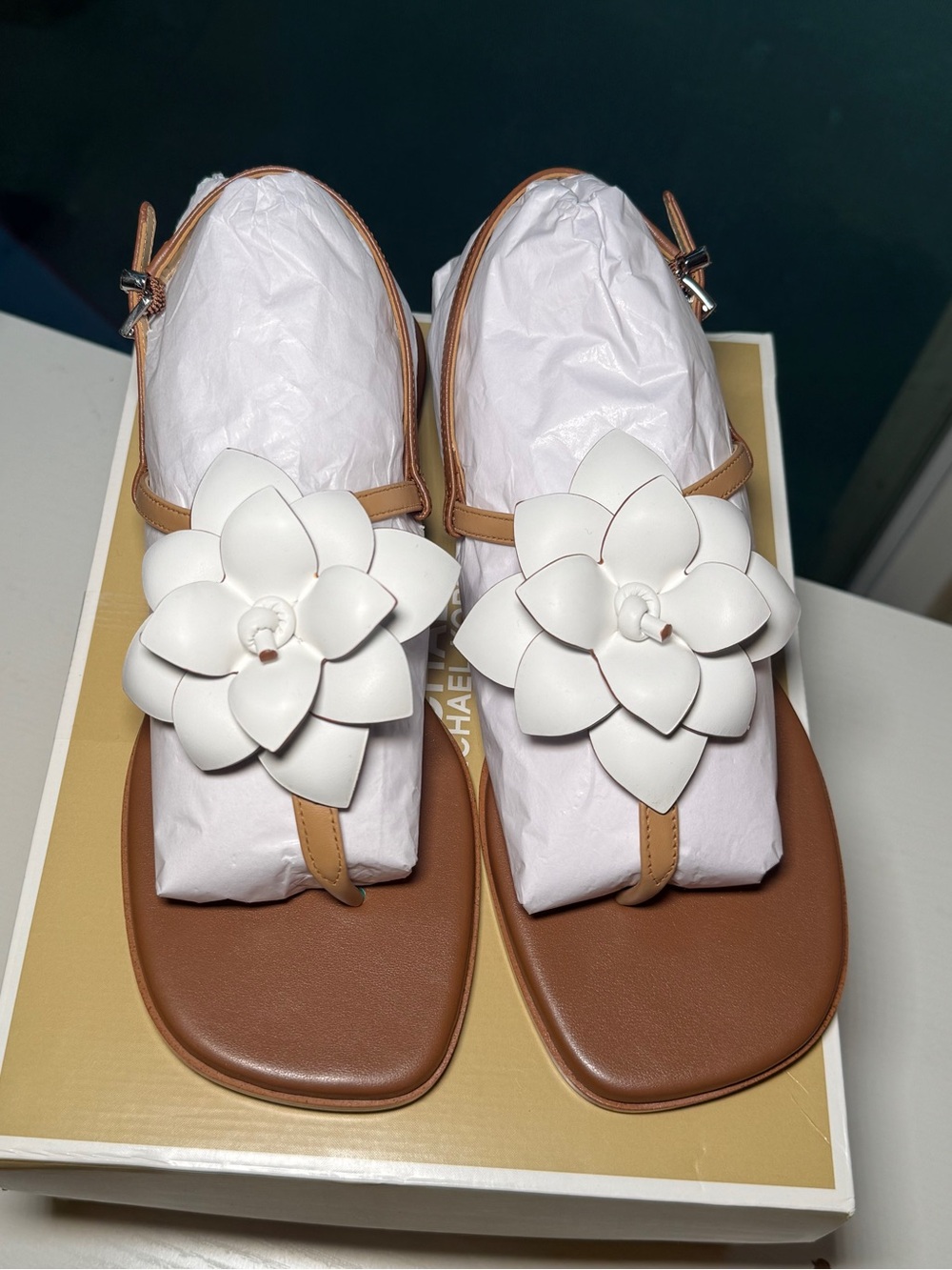 Michael Kors Tan Sandals with White Floral Applique